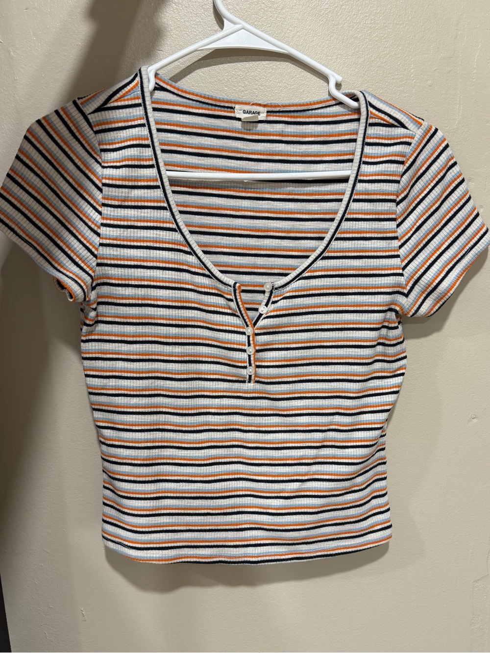 Garage Striped Ribbed Crop Top - White, Black & Orange